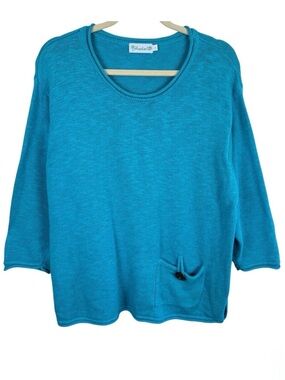 Lulu-B Womens Turquoise Blue 100% Cotton Knit 3/4 Sleeve Pocket Sweater L XL
